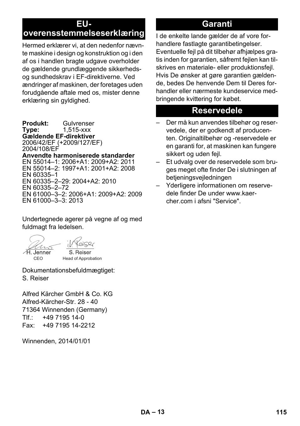 Eu- overensstemmelseserklæring, Garanti, Reservedele | Garanti reservedele | Karcher BD 40-25 C Bp Pack User Manual | Page 115 / 380