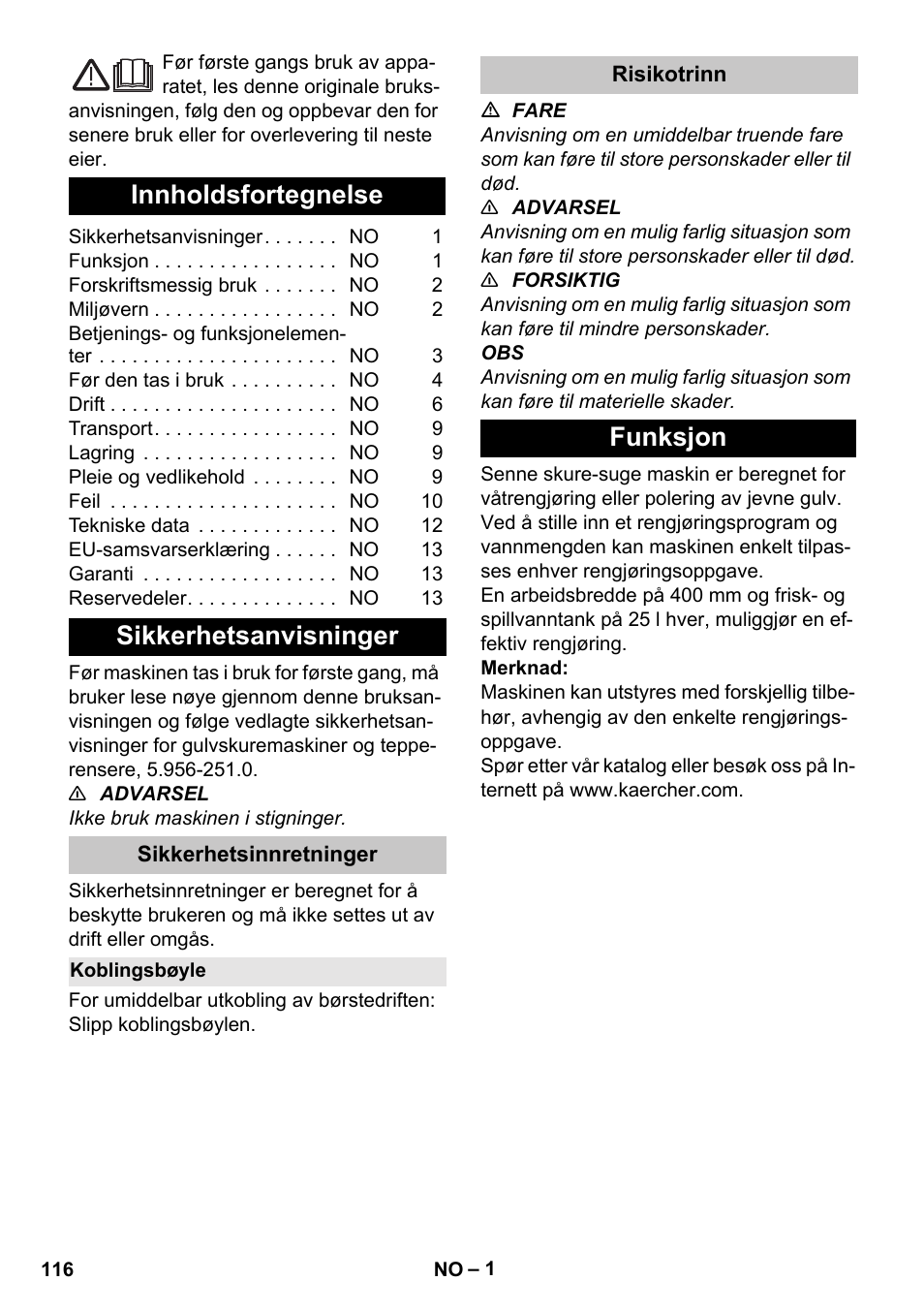 Norsk, Innholdsfortegnelse, Sikkerhetsanvisninger | Sikkerhetsinnretninger, Koblingsbøyle, Risikotrinn, Funksjon | Karcher BD 40-25 C Bp Pack User Manual | Page 116 / 380