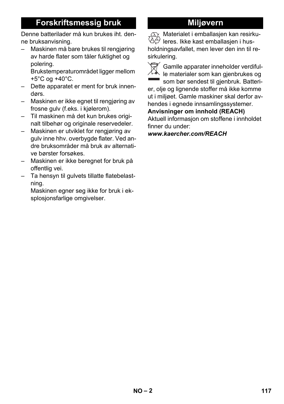 Forskriftsmessig bruk, Miljøvern, Forskriftsmessig bruk miljøvern | Karcher BD 40-25 C Bp Pack User Manual | Page 117 / 380