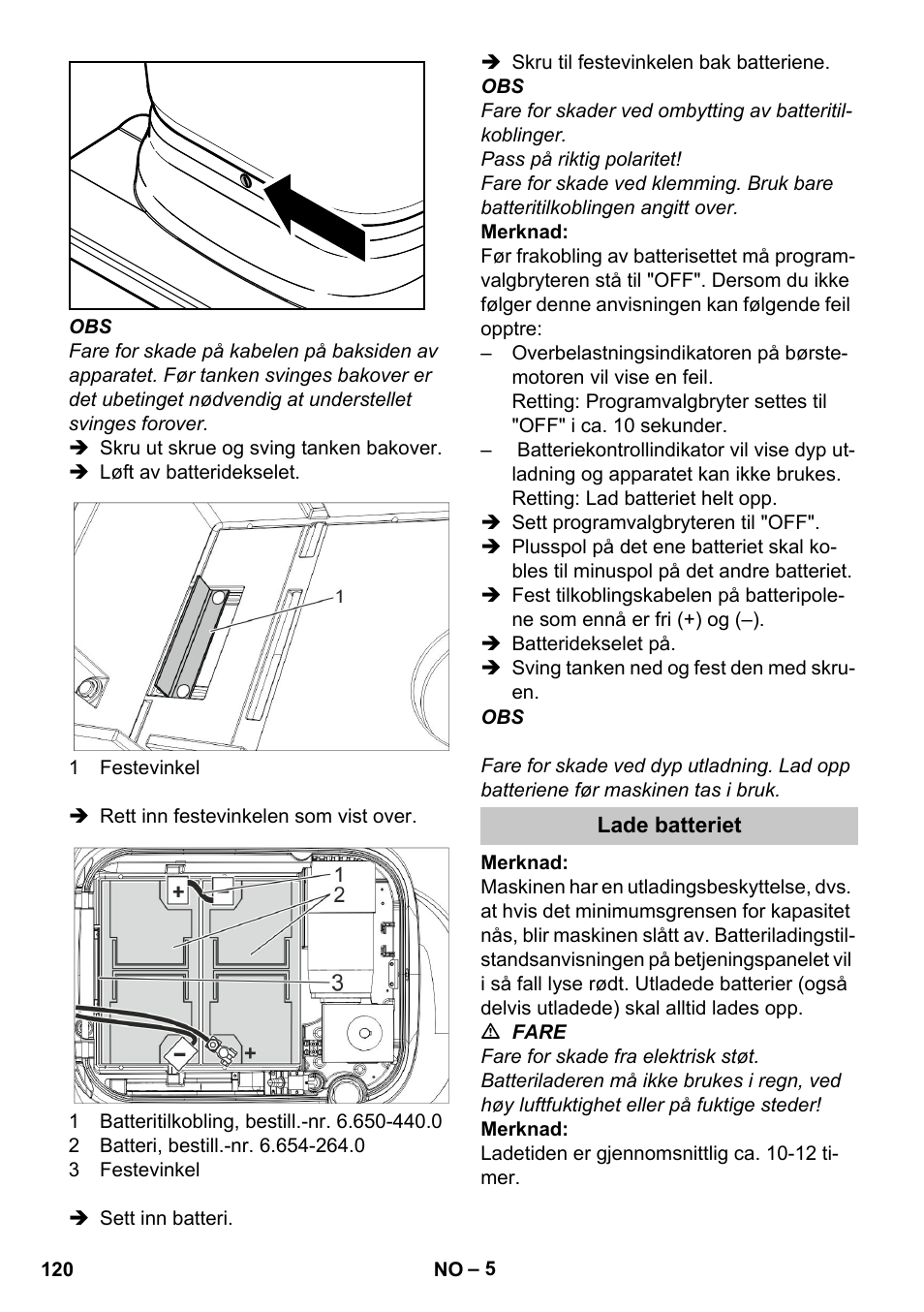 Lade batteriet | Karcher BD 40-25 C Bp Pack User Manual | Page 120 / 380