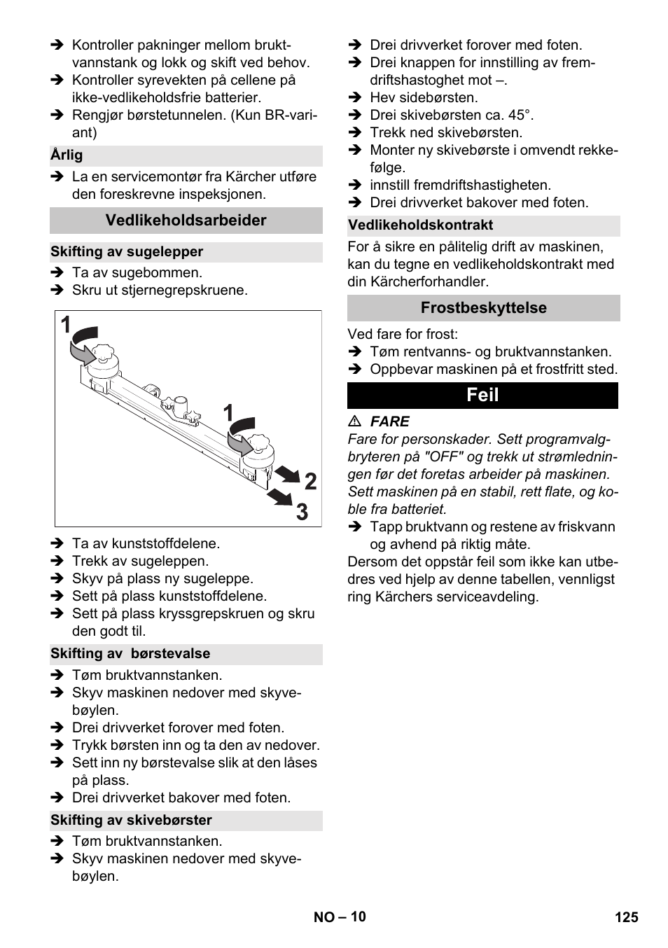 Årlig, Vedlikeholdsarbeider, Skifting av sugelepper | Skifting av børstevalse, Skifting av skivebørster, Vedlikeholdskontrakt, Frostbeskyttelse, Feil | Karcher BD 40-25 C Bp Pack User Manual | Page 125 / 380