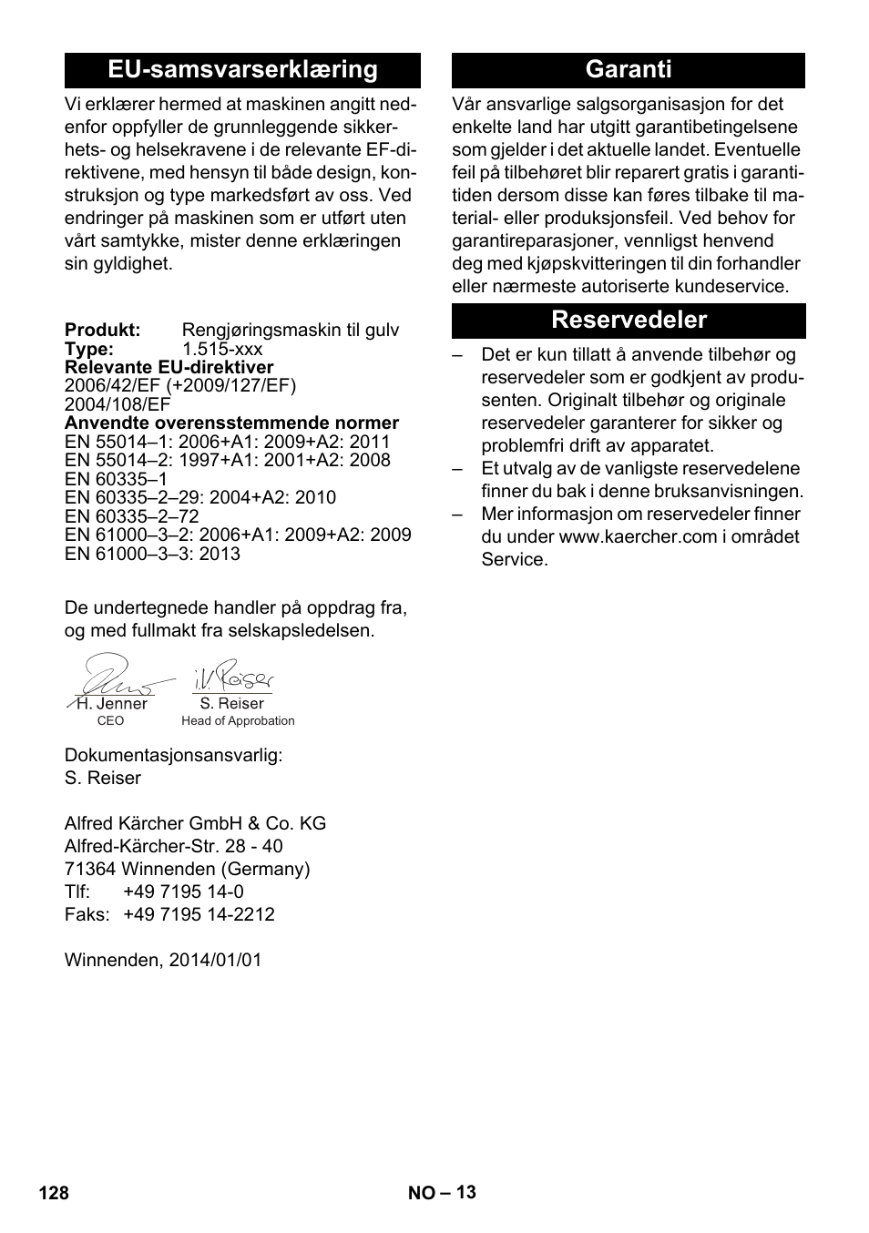 Eu-samsvarserklæring, Garanti, Reservedeler | Garanti reservedeler | Karcher BD 40-25 C Bp Pack User Manual | Page 128 / 380