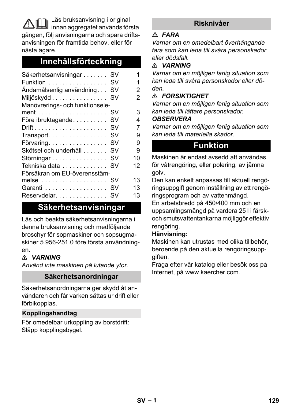 Svenska, Innehållsförteckning, Säkerhetsanvisningar | Säkerhetsanordningar, Kopplingshandtag, Risknivåer, Funktion | Karcher BD 40-25 C Bp Pack User Manual | Page 129 / 380