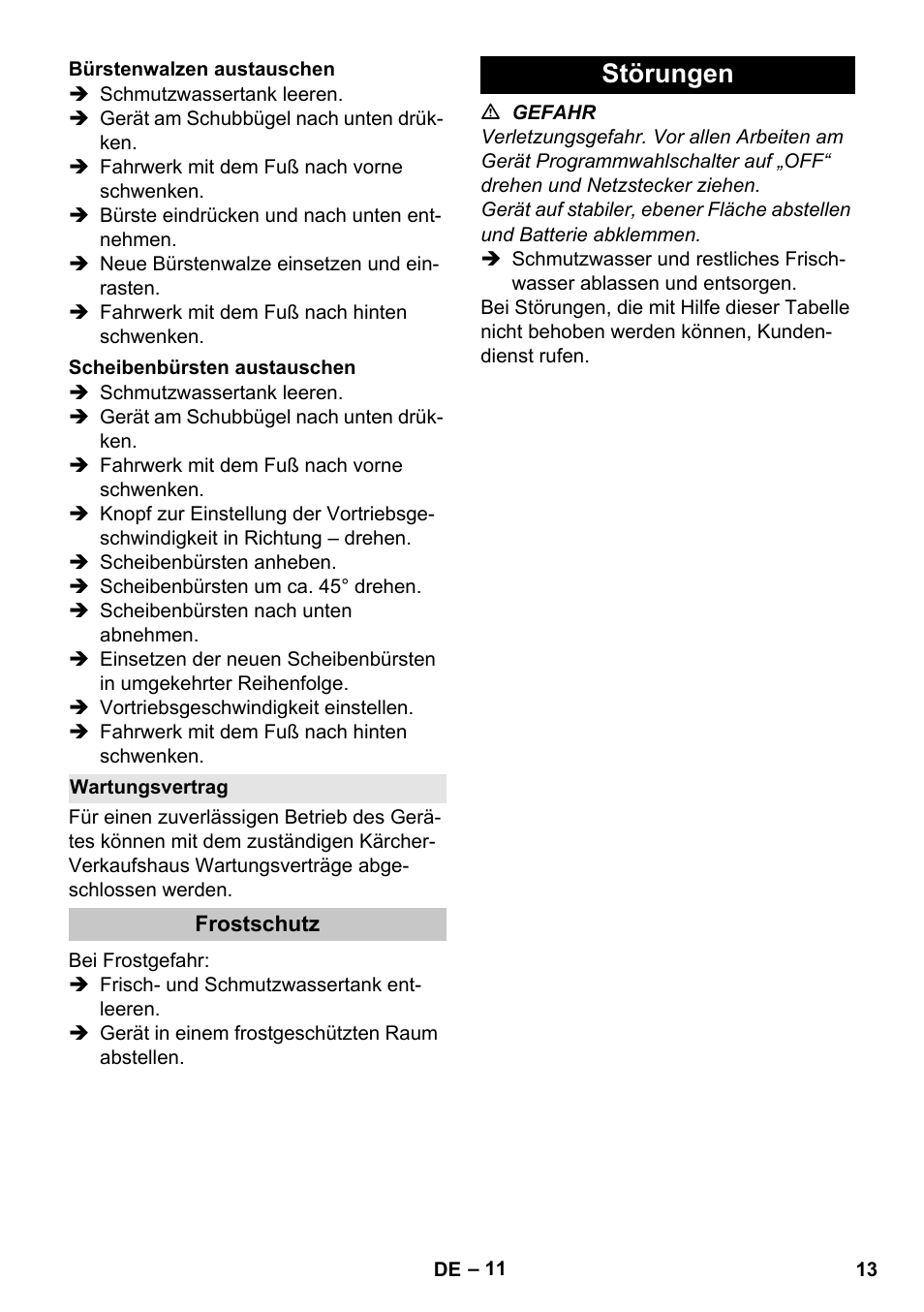 Bürstenwalzen austauschen, Scheibenbürsten austauschen, Wartungsvertrag | Frostschutz, Störungen | Karcher BD 40-25 C Bp Pack User Manual | Page 13 / 380