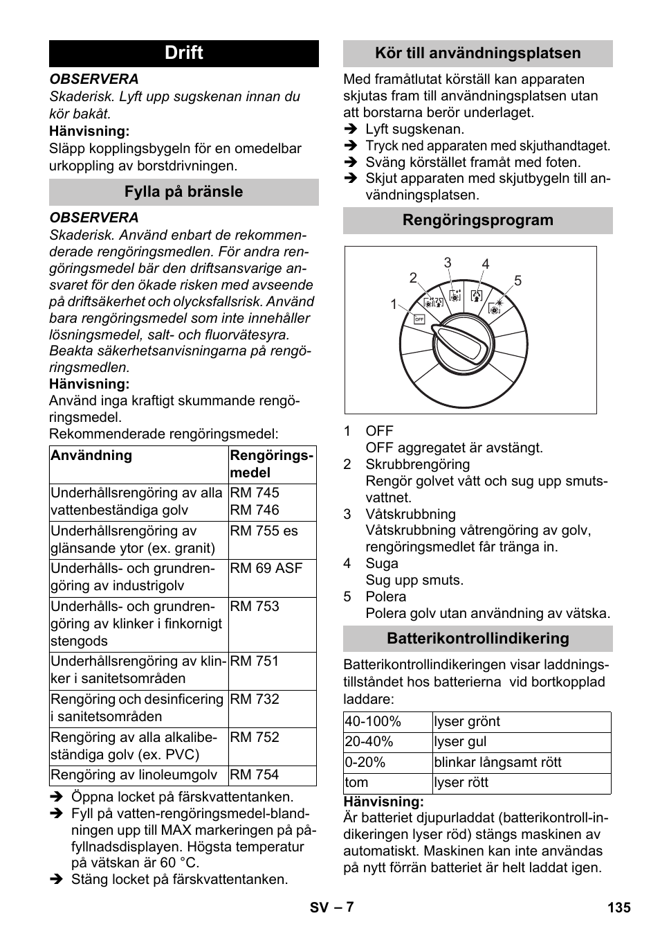 Drift, Fylla på bränsle, Kör till användningsplatsen | Rengöringsprogram, Batterikontrollindikering | Karcher BD 40-25 C Bp Pack User Manual | Page 135 / 380