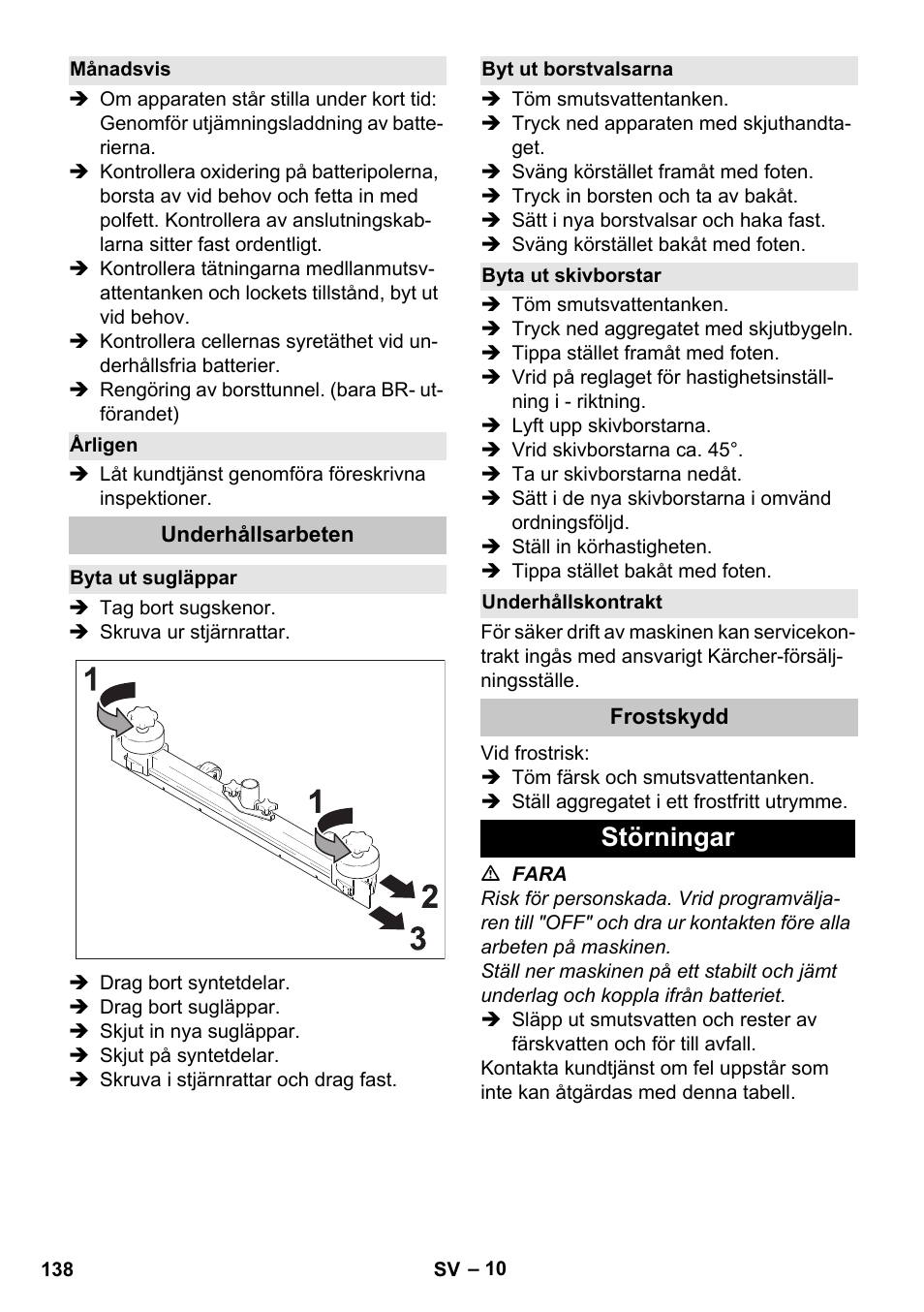 Månadsvis, Årligen, Underhållsarbeten | Byta ut sugläppar, Byt ut borstvalsarna, Byta ut skivborstar, Underhållskontrakt, Frostskydd, Störningar | Karcher BD 40-25 C Bp Pack User Manual | Page 138 / 380