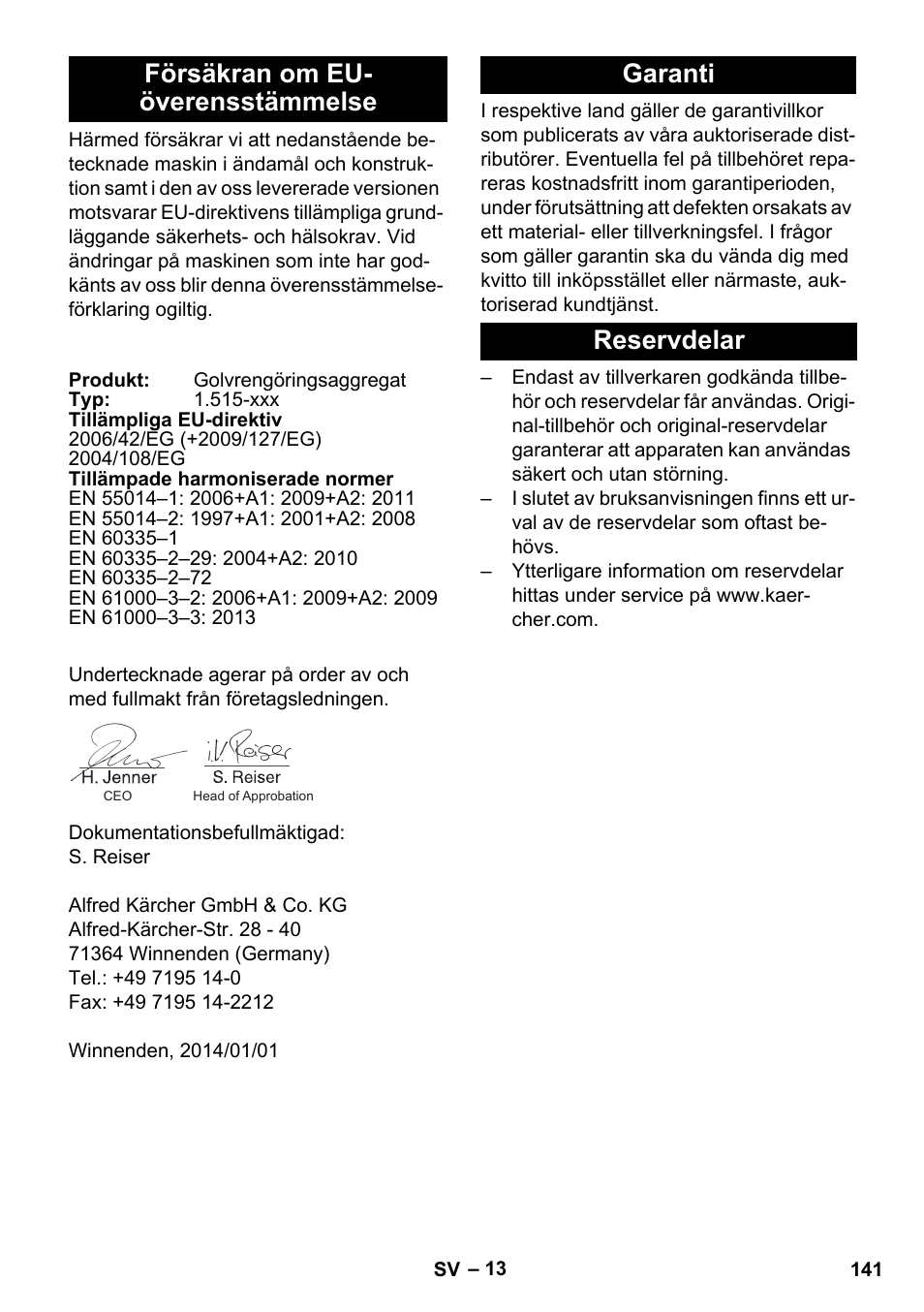Försäkran om eu- överensstämmelse, Garanti, Reservdelar | Garanti reservdelar | Karcher BD 40-25 C Bp Pack User Manual | Page 141 / 380