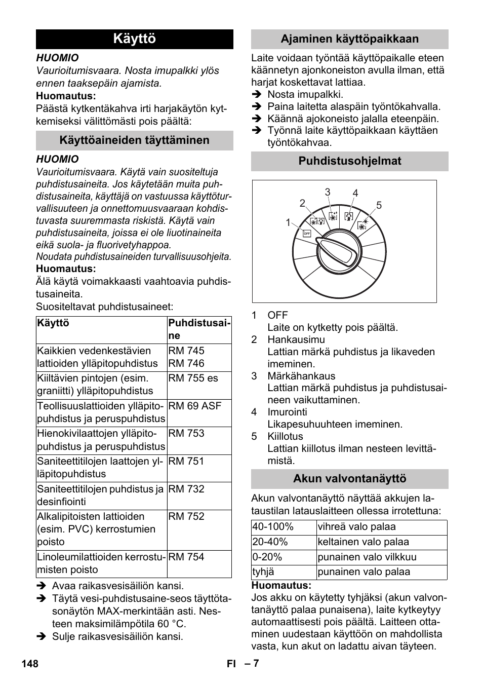 Käyttö, Käyttöaineiden täyttäminen, Ajaminen käyttöpaikkaan | Puhdistusohjelmat, Akun valvontanäyttö | Karcher BD 40-25 C Bp Pack User Manual | Page 148 / 380