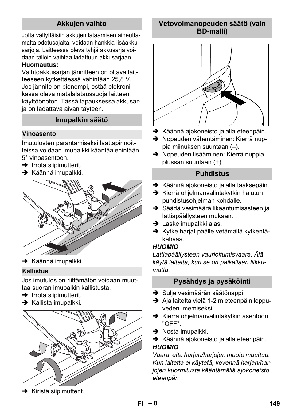 Akkujen vaihto, Imupalkin säätö, Vinoasento | Kallistus, Vetovoimanopeuden säätö (vain bd-malli), Puhdistus, Pysähdys ja pysäköinti | Karcher BD 40-25 C Bp Pack User Manual | Page 149 / 380