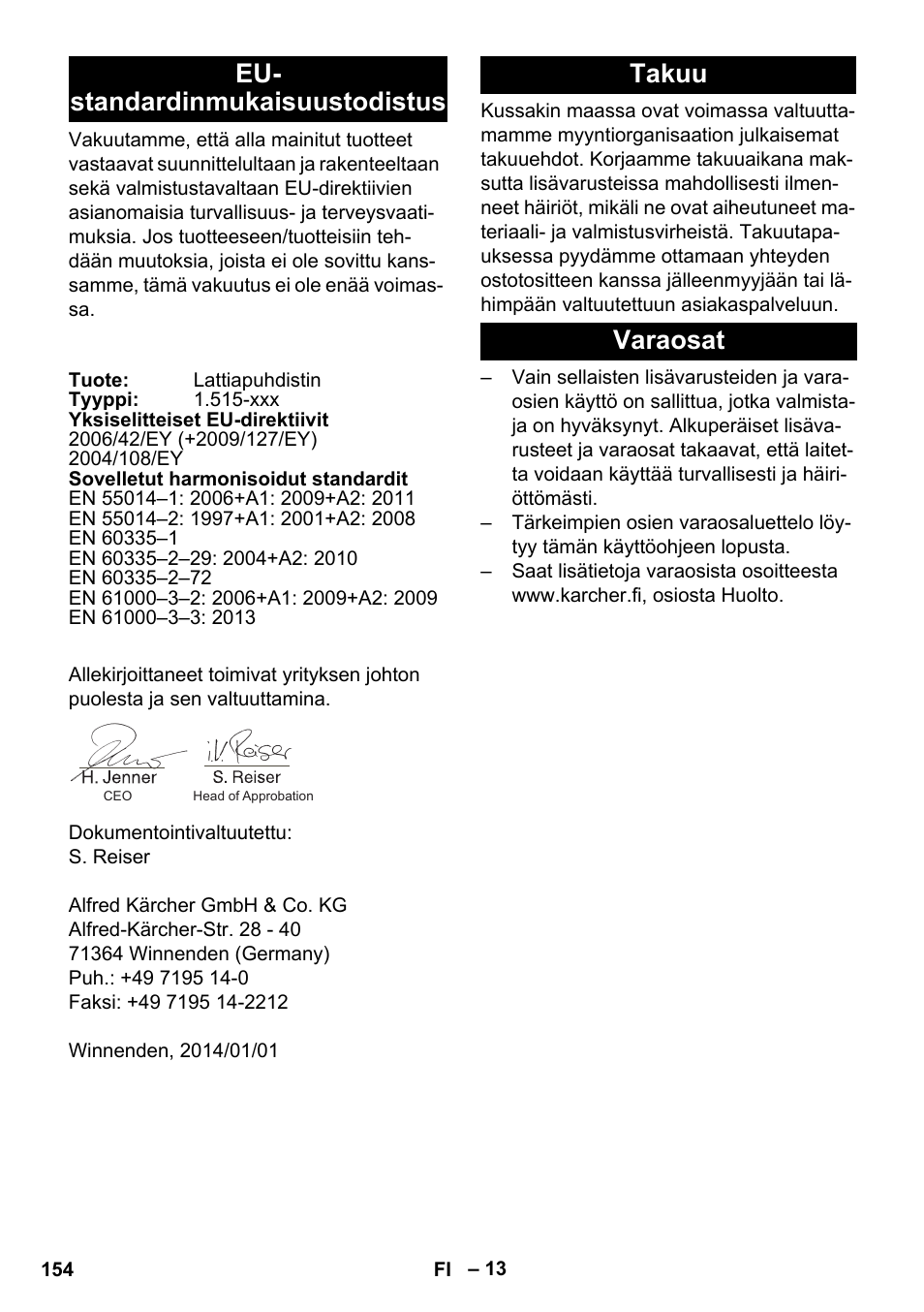 Eu- standardinmukaisuustodistus, Takuu, Varaosat | Takuu varaosat | Karcher BD 40-25 C Bp Pack User Manual | Page 154 / 380