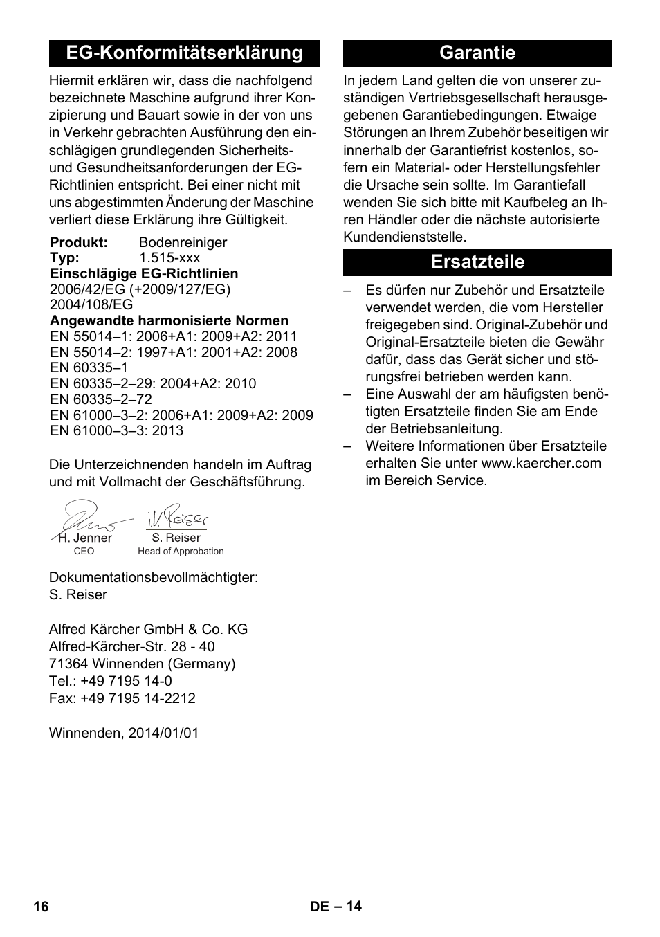 Eg-konformitätserklärung, Garantie, Ersatzteile | Garantie ersatzteile | Karcher BD 40-25 C Bp Pack User Manual | Page 16 / 380