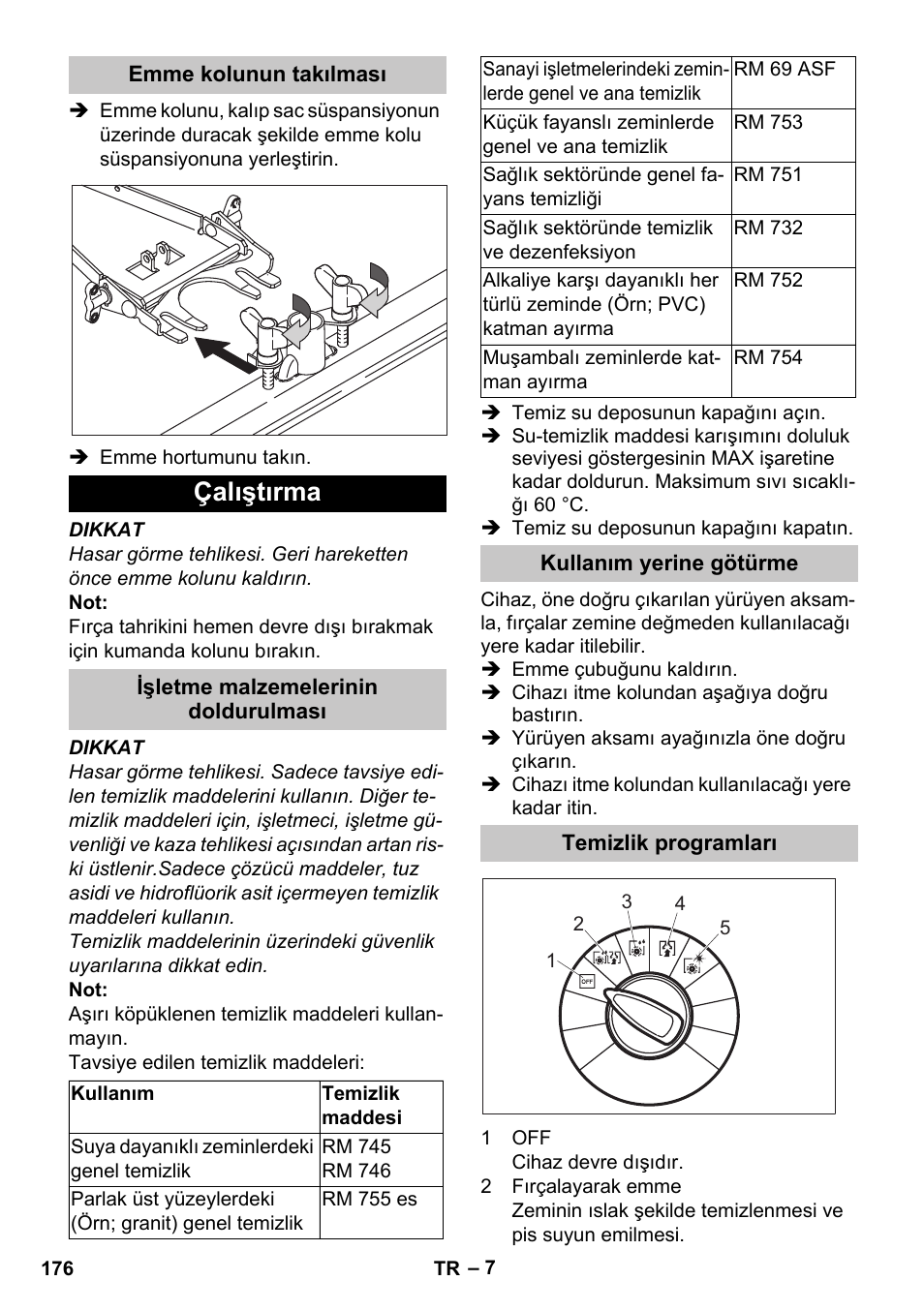 Emme kolunun takılması, Çalıştırma, Işletme malzemelerinin doldurulması | Kullanım yerine götürme, Temizlik programları | Karcher BD 40-25 C Bp Pack User Manual | Page 176 / 380