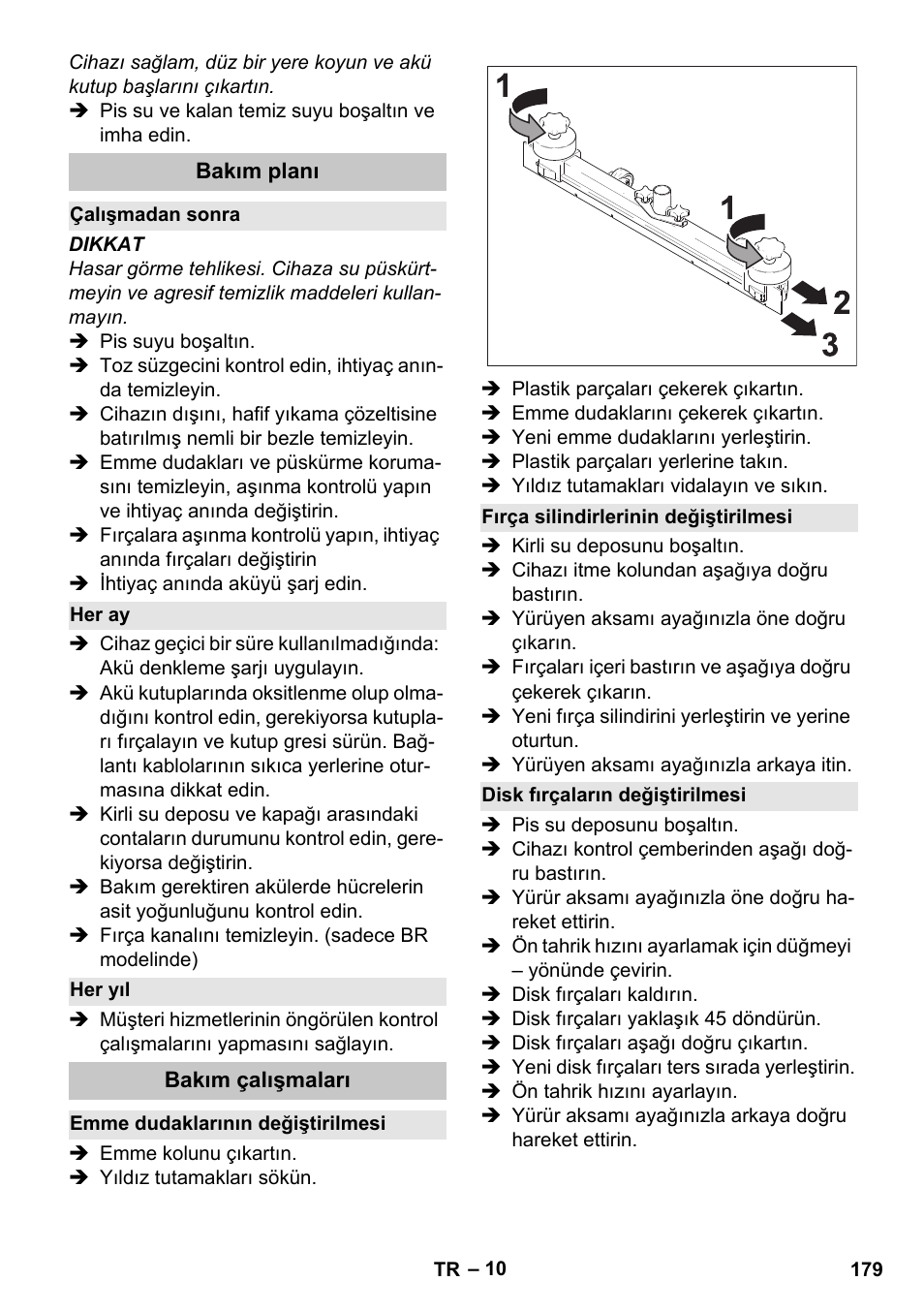 Bakım planı, Çalışmadan sonra, Her ay | Her yıl, Bakım çalışmaları, Emme dudaklarının değiştirilmesi, Fırça silindirlerinin değiştirilmesi, Disk fırçaların değiştirilmesi | Karcher BD 40-25 C Bp Pack User Manual | Page 179 / 380