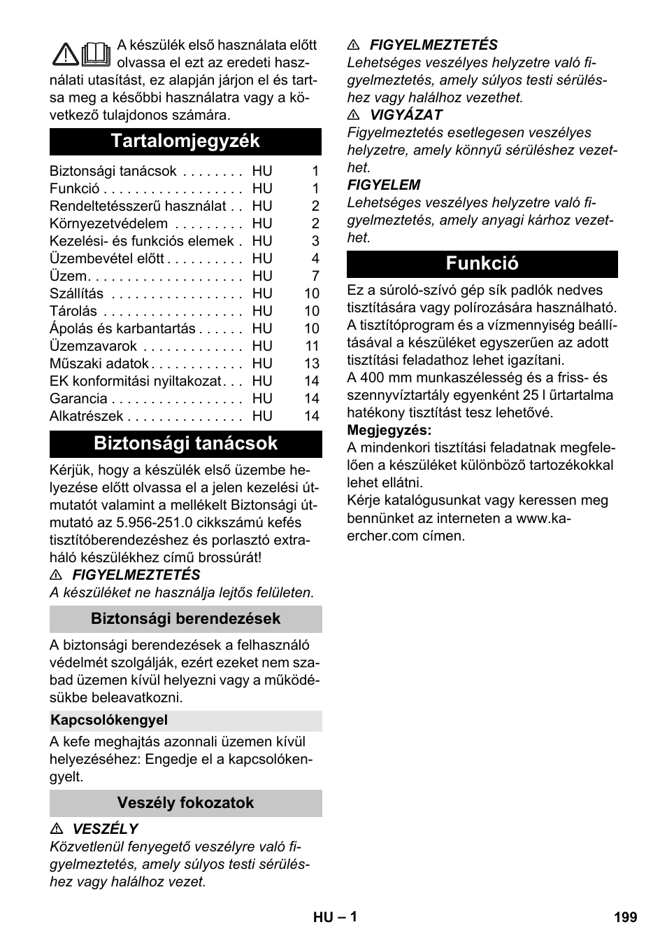 Magyar, Tartalomjegyzék, Biztonsági tanácsok | Biztonsági berendezések, Kapcsolókengyel, Veszély fokozatok, Funkció | Karcher BD 40-25 C Bp Pack User Manual | Page 199 / 380