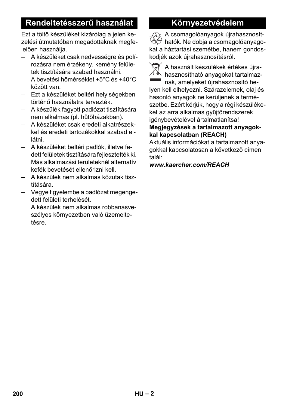 Rendeltetésszerű használat, Környezetvédelem, Rendeltetésszerű használat környezetvédelem | Karcher BD 40-25 C Bp Pack User Manual | Page 200 / 380