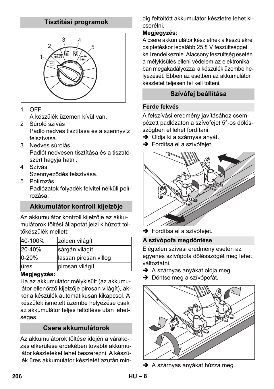 Tisztítási programok, Akkumulátor kontroll kijelzője, Csere akkumulátorok | Szívófej beállítása, Ferde fekvés, A szívópofa megdöntése | Karcher BD 40-25 C Bp Pack User Manual | Page 206 / 380