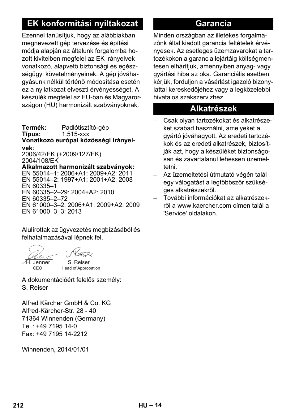 Ek konformitási nyiltakozat, Garancia, Alkatrészek | Garancia alkatrészek | Karcher BD 40-25 C Bp Pack User Manual | Page 212 / 380