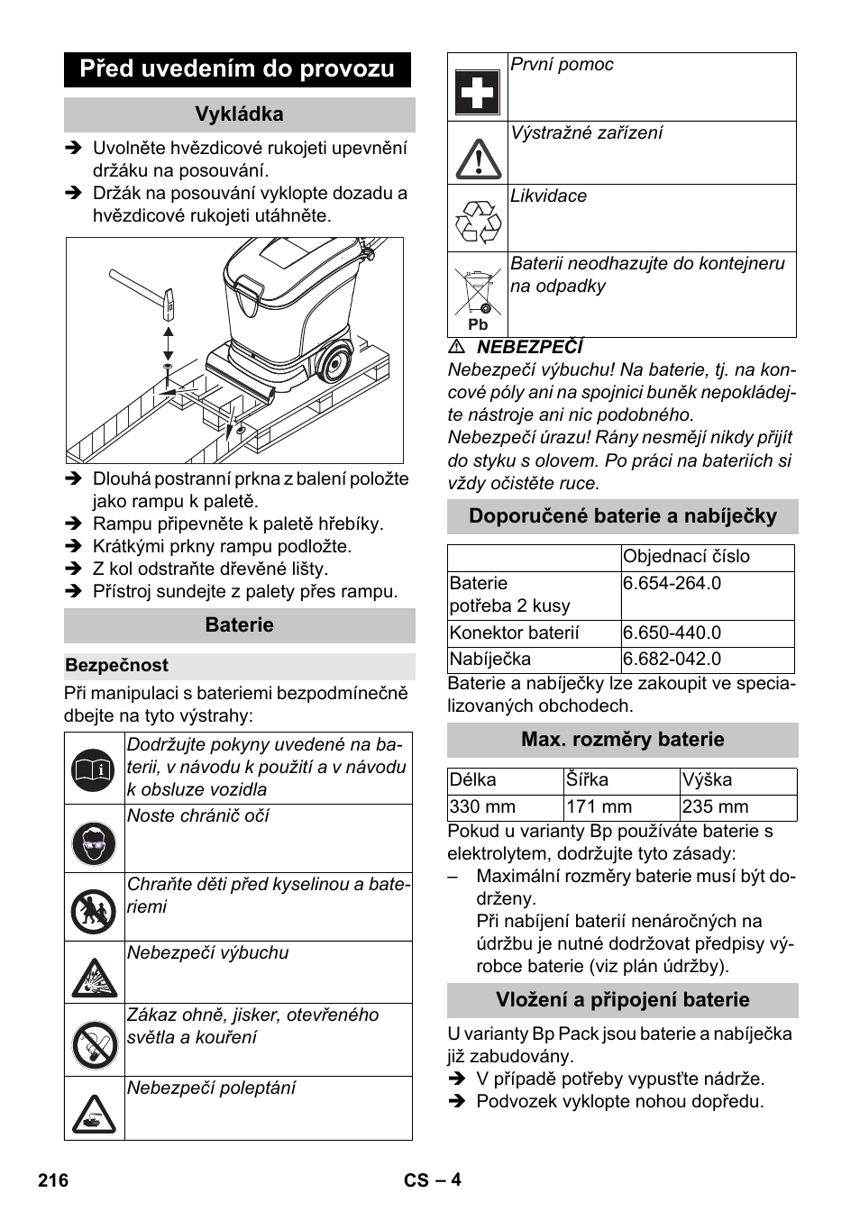 Před uvedením do provozu, Vykládka, Baterie | Bezpečnost, Doporučené baterie a nabíječky, Max. rozměry baterie, Vložení a připojení baterie | Karcher BD 40-25 C Bp Pack User Manual | Page 216 / 380