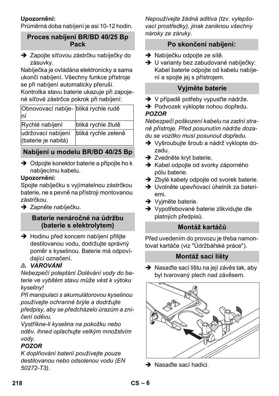 Proces nabíjení br/bd 40/25 bp pack, Nabíjení u modelu br/bd 40/25 bp, Po skončení nabíjení | Vyjměte baterie, Montáž kartáčů, Montáž sací lišty | Karcher BD 40-25 C Bp Pack User Manual | Page 218 / 380