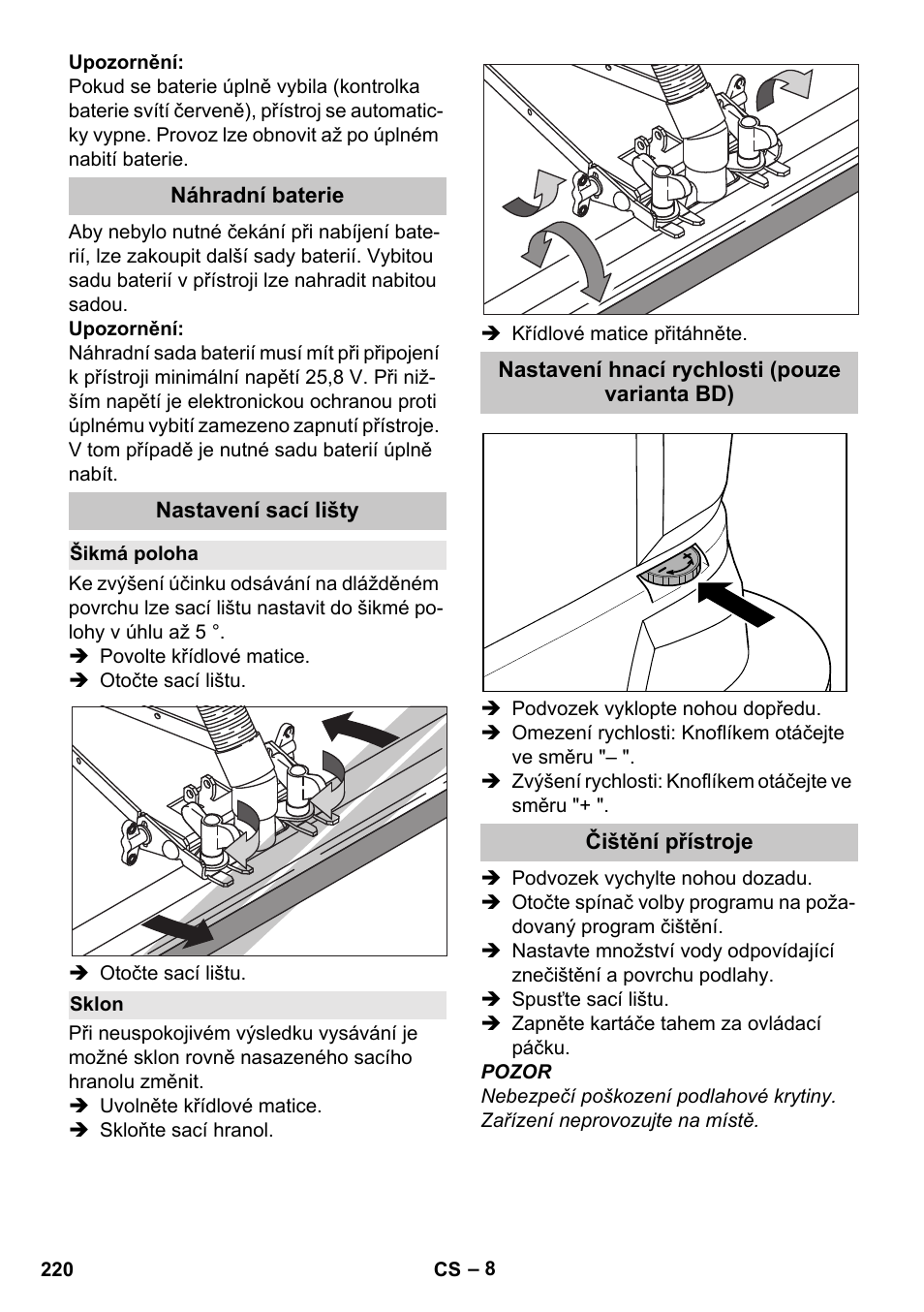 Náhradní baterie, Nastavení sací lišty, Šikmá poloha | Sklon, Nastavení hnací rychlosti (pouze varianta bd), Čištění přístroje | Karcher BD 40-25 C Bp Pack User Manual | Page 220 / 380