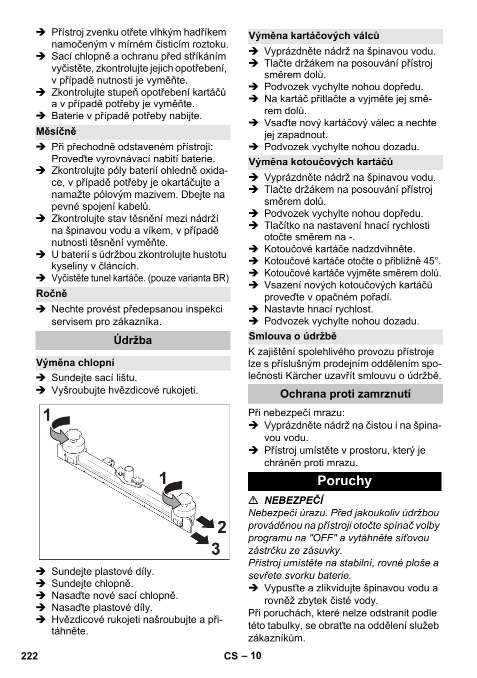Měsíčně, Ročně, Údržba | Výměna chlopní, Výměna kartáčových válců, Výměna kotoučových kartáčů, Smlouva o údržbě, Ochrana proti zamrznutí, Poruchy | Karcher BD 40-25 C Bp Pack User Manual | Page 222 / 380