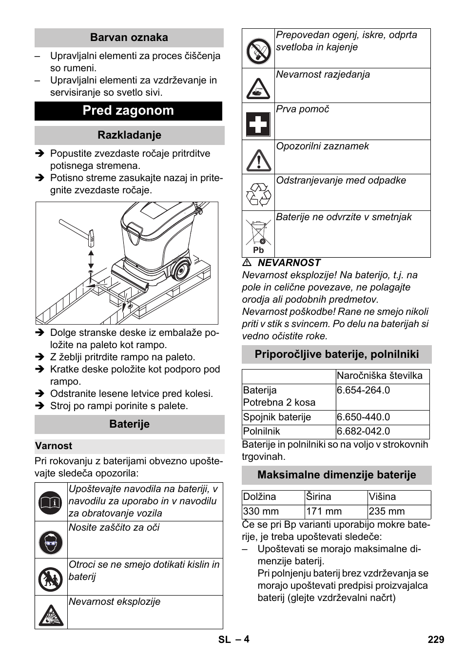 Barvan oznaka, Pred zagonom, Razkladanje | Baterije, Varnost, Priporočljive baterije, polnilniki, Maksimalne dimenzije baterije | Karcher BD 40-25 C Bp Pack User Manual | Page 229 / 380