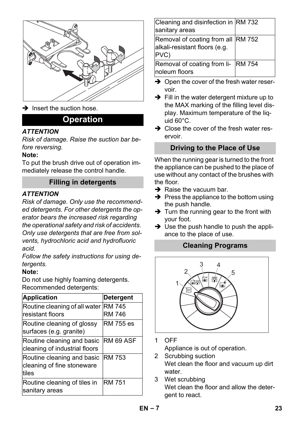 Operation, Filling in detergents, Driving to the place of use | Cleaning programs | Karcher BD 40-25 C Bp Pack User Manual | Page 23 / 380