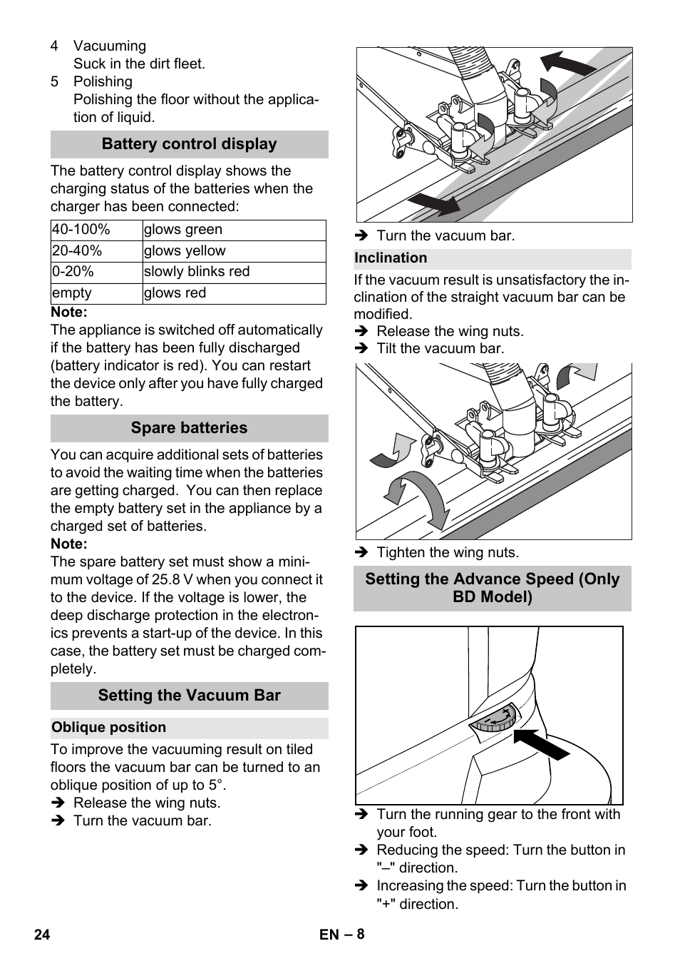 Battery control display, Spare batteries, Setting the vacuum bar | Oblique position, Inclination, Setting the advance speed (only bd model) | Karcher BD 40-25 C Bp Pack User Manual | Page 24 / 380