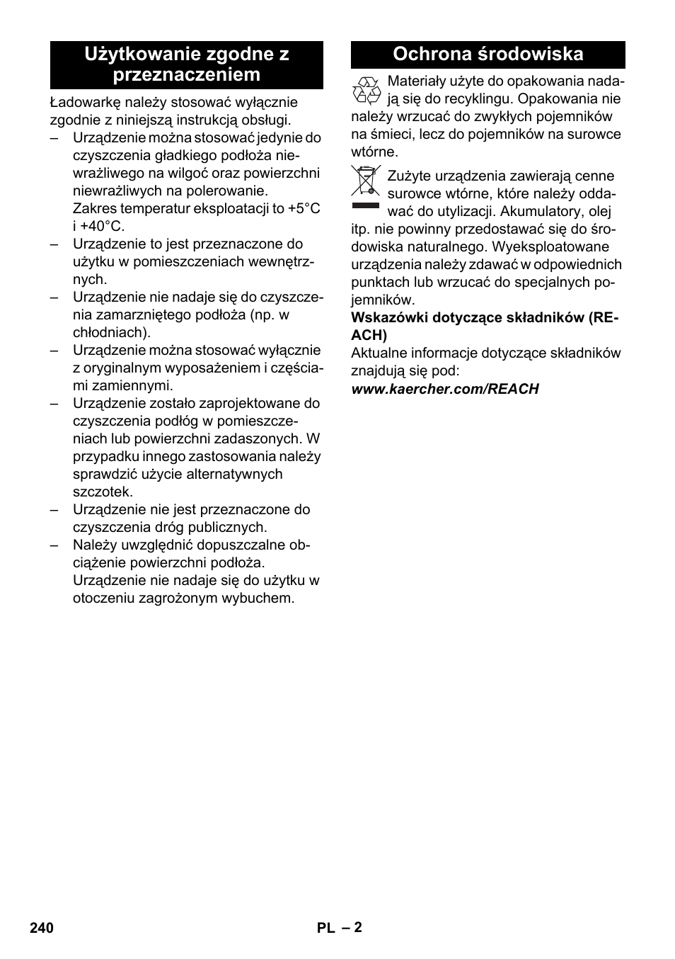 Użytkowanie zgodne z przeznaczeniem, Ochrona środowiska | Karcher BD 40-25 C Bp Pack User Manual | Page 240 / 380