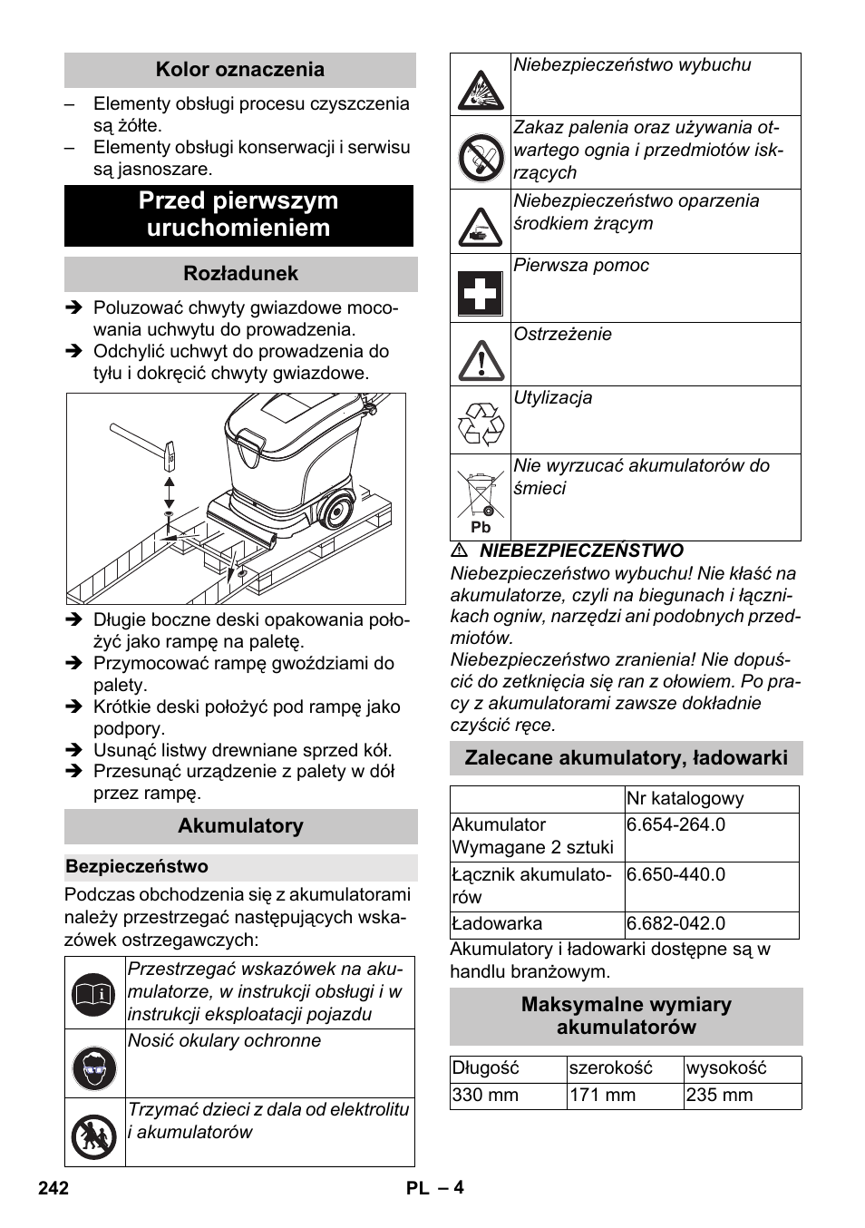 Kolor oznaczenia, Przed pierwszym uruchomieniem, Rozładunek | Akumulatory, Bezpieczeństwo, Zalecane akumulatory, ładowarki, Maksymalne wymiary akumulatorów | Karcher BD 40-25 C Bp Pack User Manual | Page 242 / 380