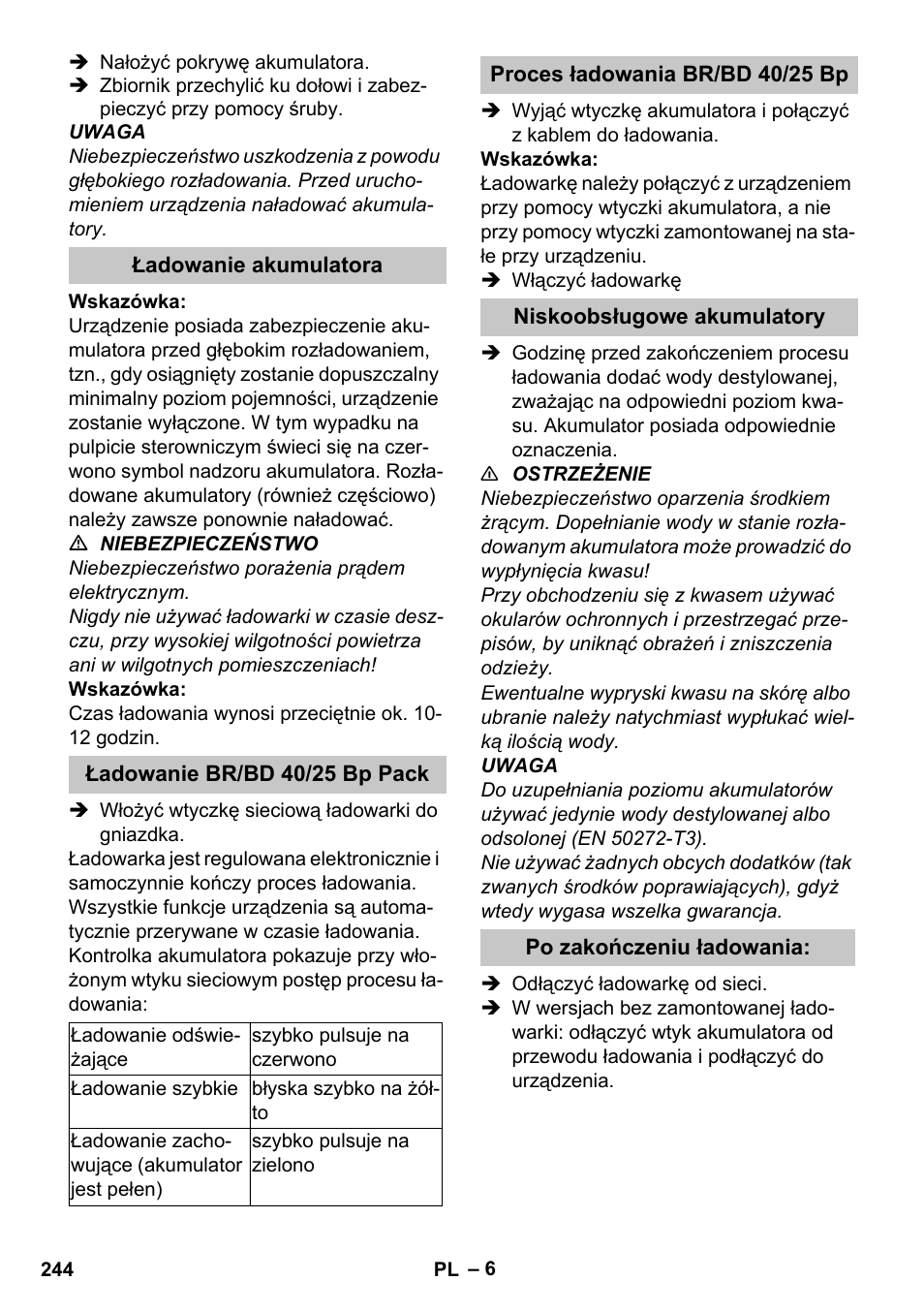 Ładowanie akumulatora, Ładowanie br/bd 40/25 bp pack, Proces ładowania br/bd 40/25 bp | Niskoobsługowe akumulatory, Po zakończeniu ładowania | Karcher BD 40-25 C Bp Pack User Manual | Page 244 / 380