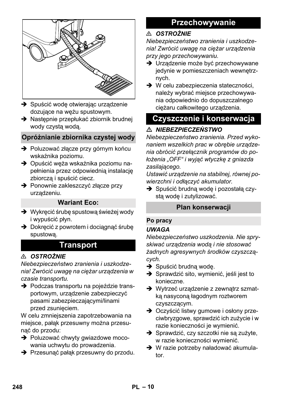 Opróżnianie zbiornika czystej wody, Wariant eco, Transport | Przechowywanie, Czyszczenie i konserwacja, Plan konserwacji, Po pracy, Transport przechowywanie czyszczenie i konserwacja | Karcher BD 40-25 C Bp Pack User Manual | Page 248 / 380