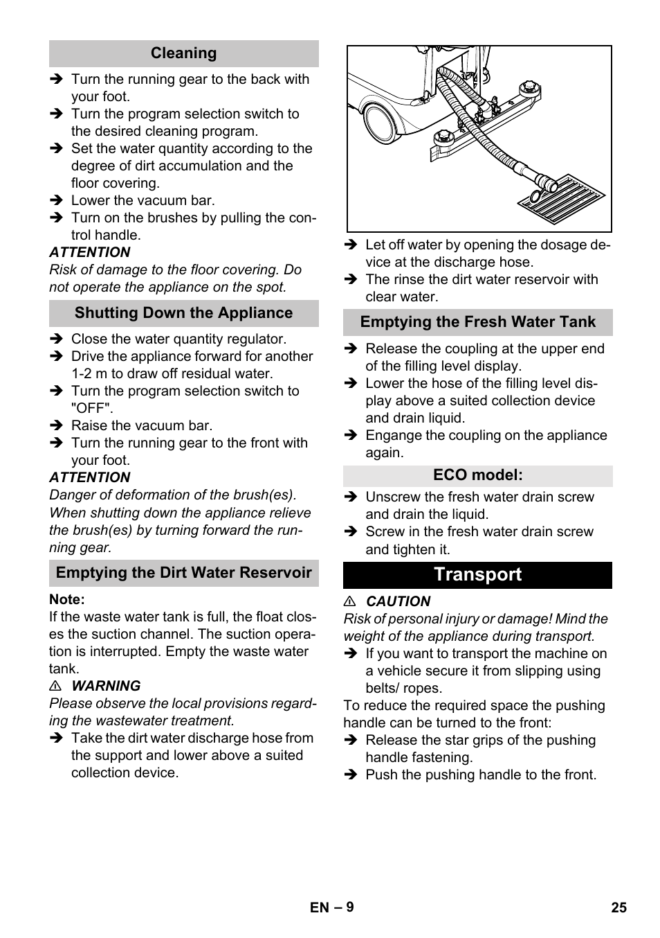 Cleaning, Shutting down the appliance, Emptying the dirt water reservoir | Emptying the fresh water tank, Eco model, Transport | Karcher BD 40-25 C Bp Pack User Manual | Page 25 / 380