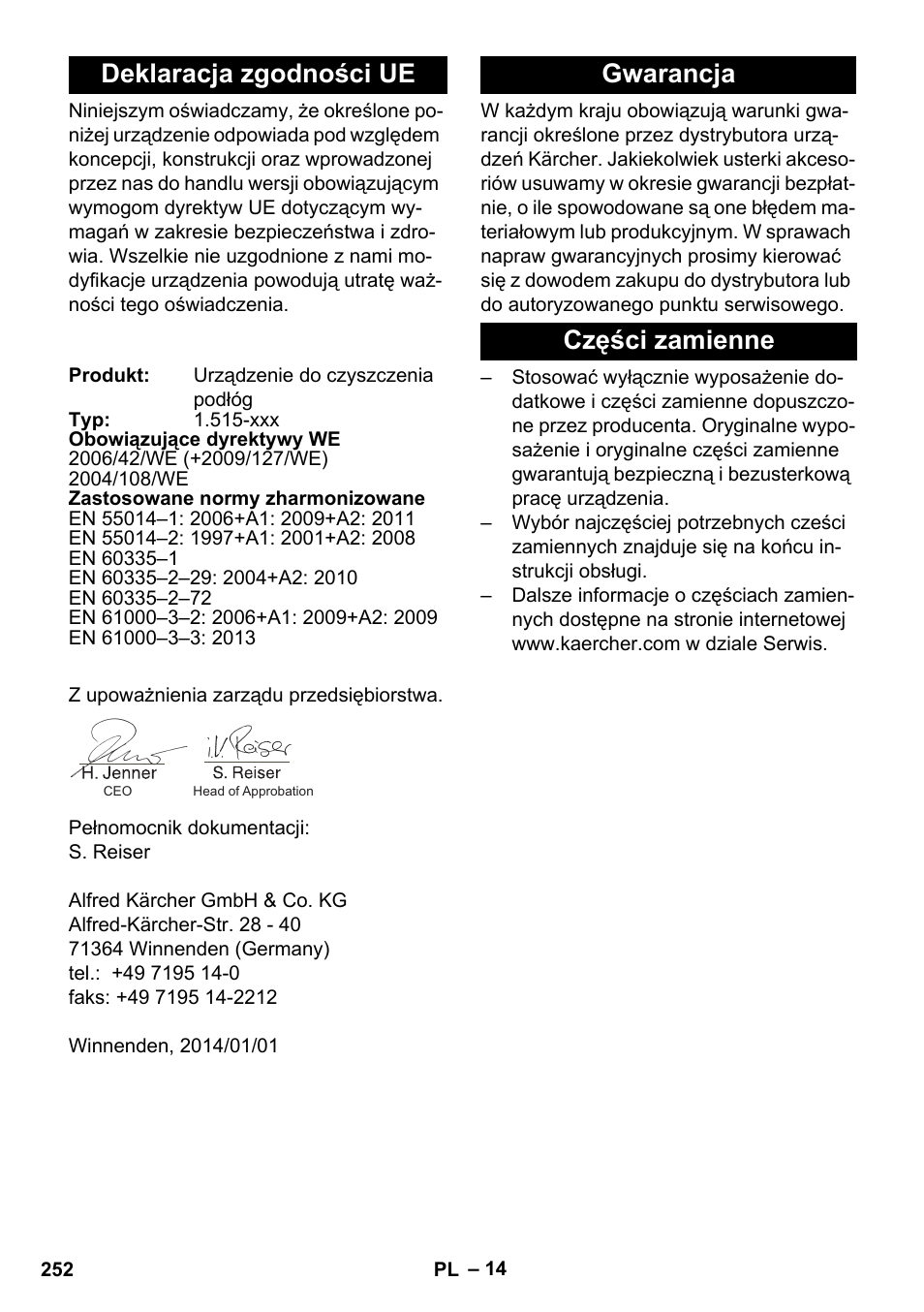 Deklaracja zgodności ue, Gwarancja, Części zamienne | Gwarancja części zamienne | Karcher BD 40-25 C Bp Pack User Manual | Page 252 / 380