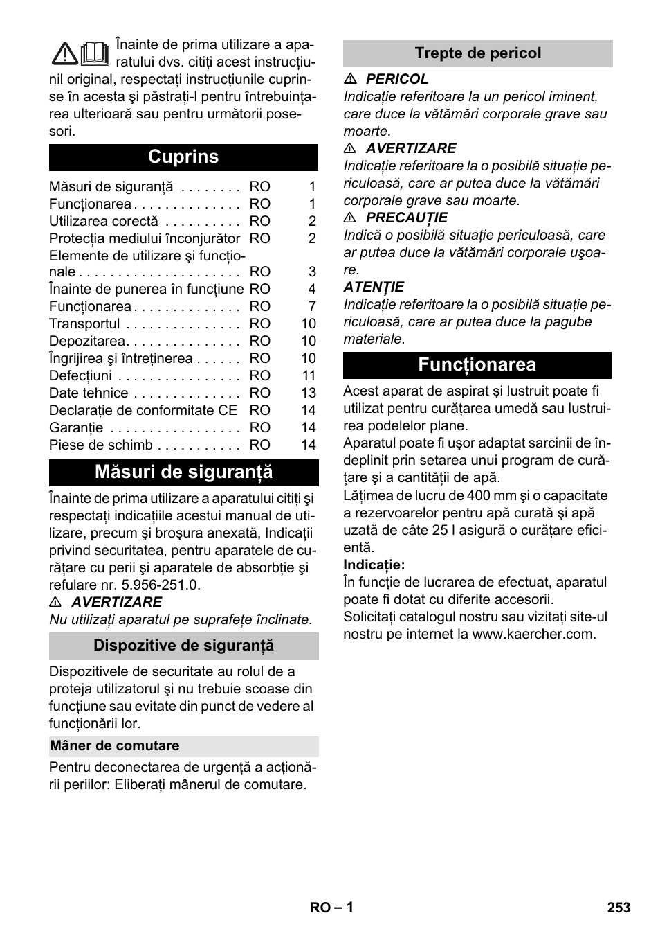 Româneşte, Cuprins, Măsuri de siguranţă | Dispozitive de siguranţă, Mâner de comutare, Trepte de pericol, Funcţionarea | Karcher BD 40-25 C Bp Pack User Manual | Page 253 / 380