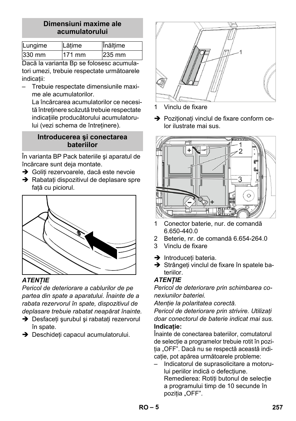Dimensiuni maxime ale acumulatorului, Introducerea şi conectarea bateriilor | Karcher BD 40-25 C Bp Pack User Manual | Page 257 / 380
