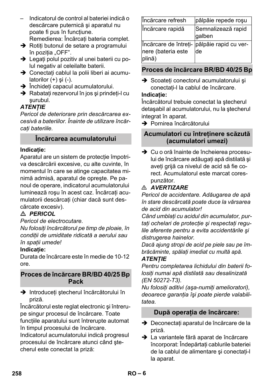 Încărcarea acumulatorului, Proces de încărcare br/bd 40/25 bp pack, Proces de încărcare br/bd 40/25 bp | După operaţia de încărcare | Karcher BD 40-25 C Bp Pack User Manual | Page 258 / 380