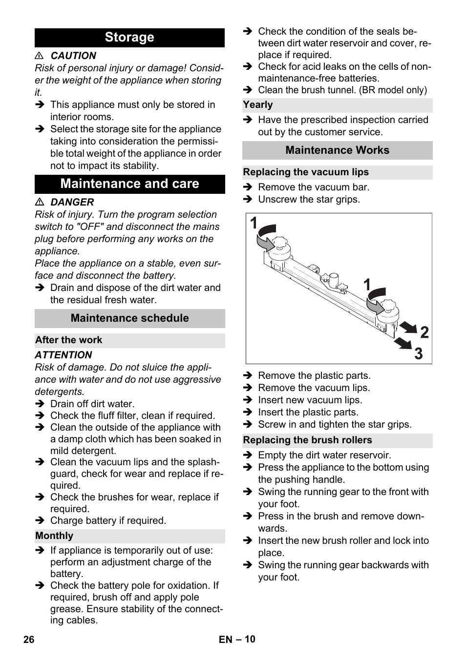 Storage, Maintenance and care, Maintenance schedule | After the work, Monthly, Yearly, Maintenance works, Replacing the vacuum lips, Replacing the brush rollers, Storage maintenance and care | Karcher BD 40-25 C Bp Pack User Manual | Page 26 / 380