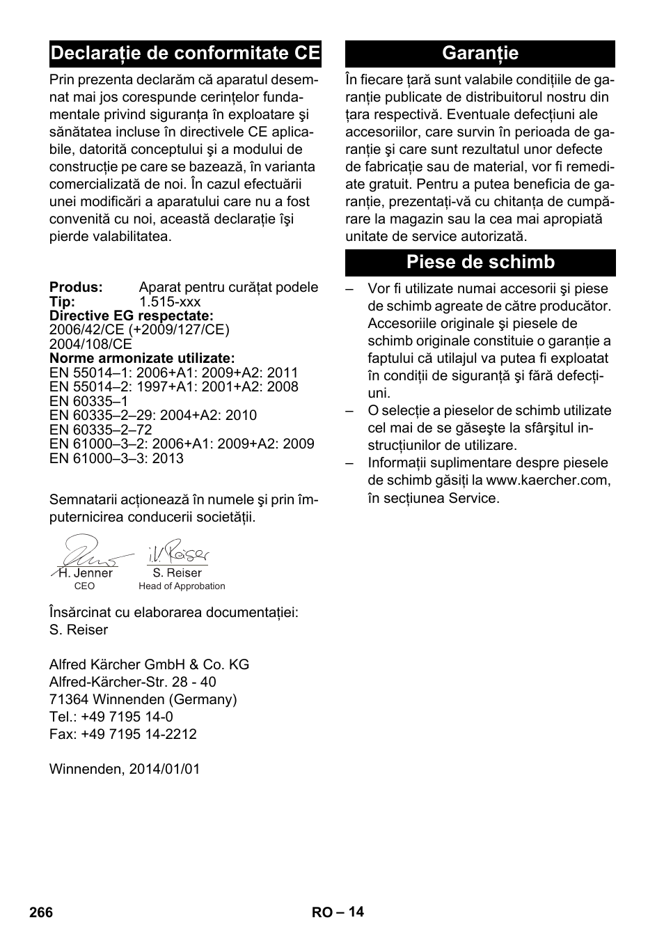 Declaraţie de conformitate ce, Garanţie, Piese de schimb | Garanţie piese de schimb | Karcher BD 40-25 C Bp Pack User Manual | Page 266 / 380