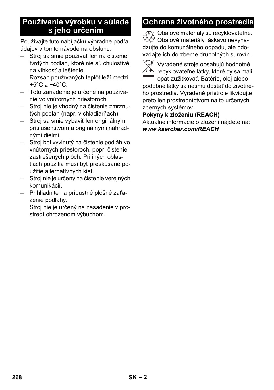 Používanie výrobku v súlade s jeho určením, Ochrana životného prostredia | Karcher BD 40-25 C Bp Pack User Manual | Page 268 / 380