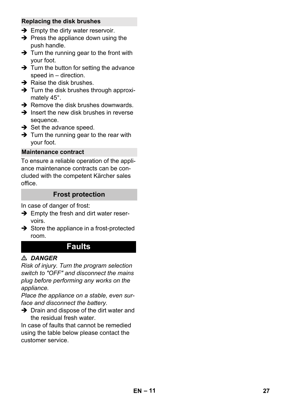 Replacing the disk brushes, Maintenance contract, Frost protection | Faults | Karcher BD 40-25 C Bp Pack User Manual | Page 27 / 380