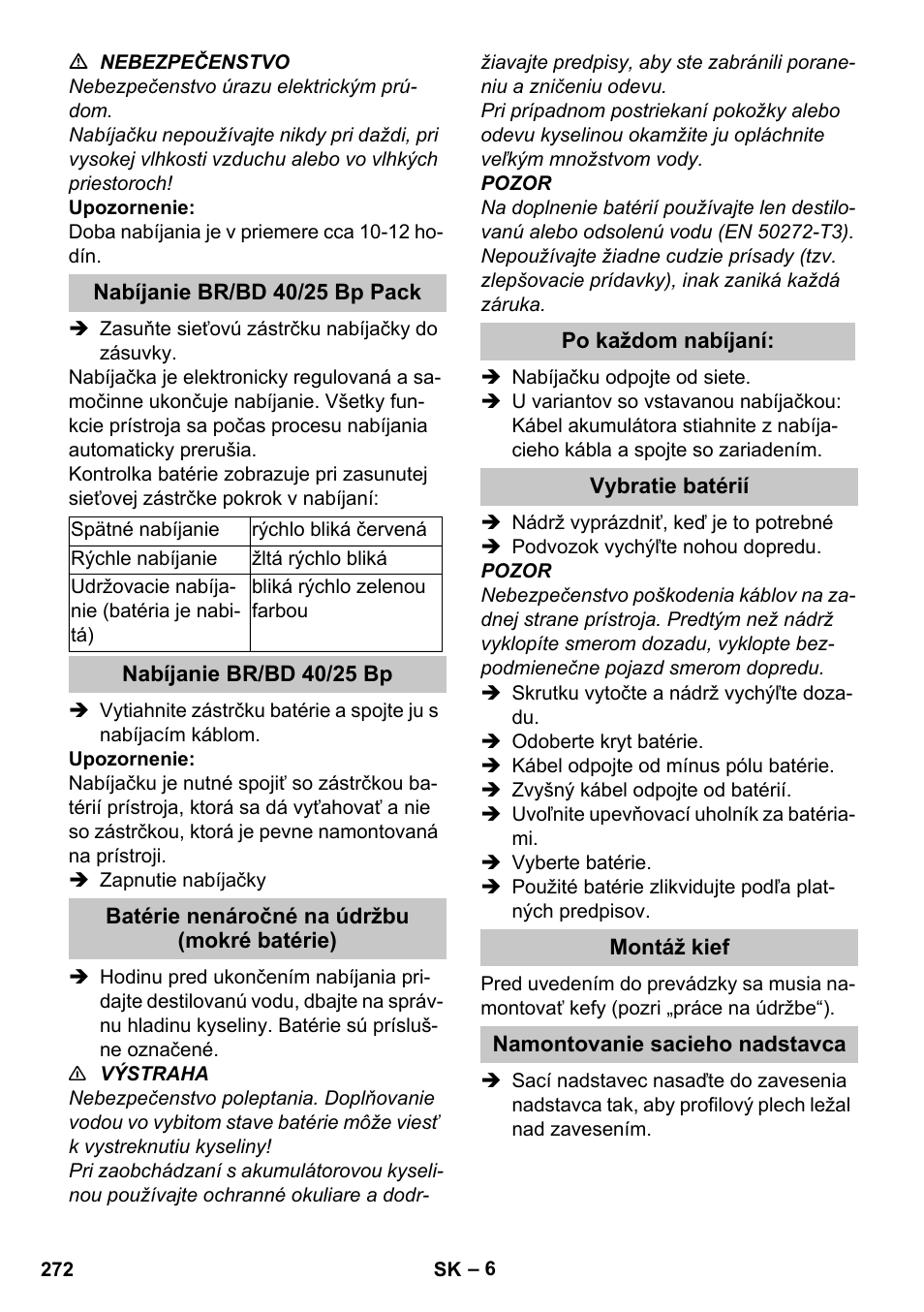 Nabíjanie br/bd 40/25 bp pack, Nabíjanie br/bd 40/25 bp, Batérie nenáročné na údržbu (mokré batérie) | Po každom nabíjaní, Vybratie batérií, Montáž kief, Namontovanie sacieho nadstavca | Karcher BD 40-25 C Bp Pack User Manual | Page 272 / 380