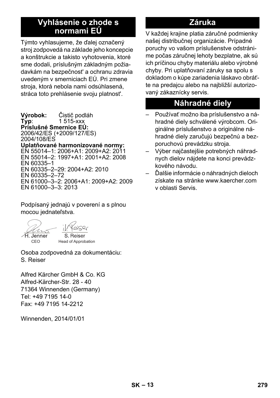 Vyhlásenie o zhode s normami eú, Záruka, Náhradné diely | Záruka náhradné diely | Karcher BD 40-25 C Bp Pack User Manual | Page 279 / 380