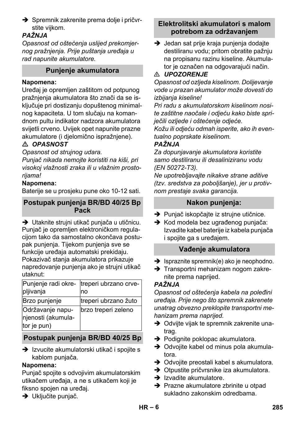 Punjenje akumulatora, Postupak punjenja br/bd 40/25 bp pack, Postupak punjenja br/bd 40/25 bp | Nakon punjenja, Vađenje akumulatora | Karcher BD 40-25 C Bp Pack User Manual | Page 285 / 380