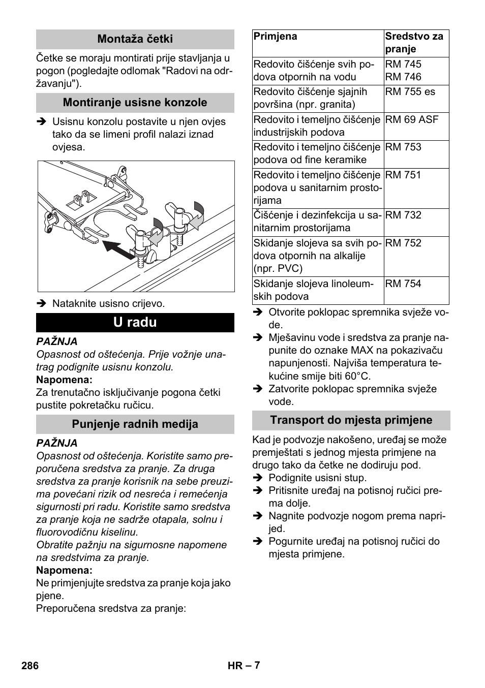 Montaža četki, Montiranje usisne konzole, U radu | Punjenje radnih medija, Transport do mjesta primjene | Karcher BD 40-25 C Bp Pack User Manual | Page 286 / 380