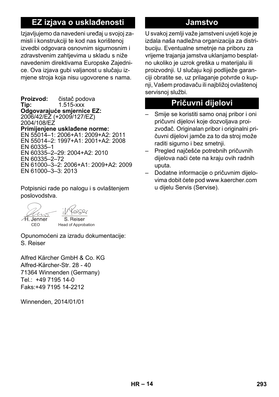 Ez izjava o usklađenosti, Jamstvo, Pričuvni dijelovi | Jamstvo pričuvni dijelovi | Karcher BD 40-25 C Bp Pack User Manual | Page 293 / 380