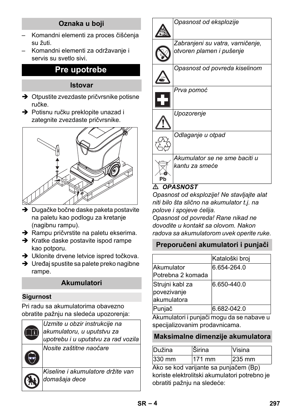 Oznaka u boji, Pre upotrebe, Istovar | Akumulatori, Sigurnost, Preporučeni akumulatori i punjači, Maksimalne dimenzije akumulatora | Karcher BD 40-25 C Bp Pack User Manual | Page 297 / 380