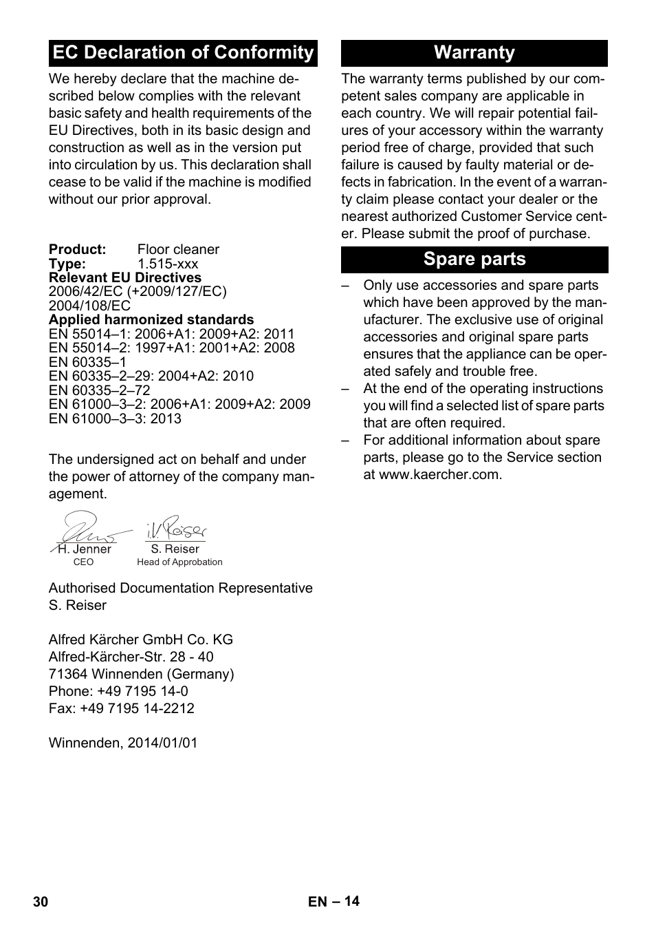 Ec declaration of conformity, Warranty, Spare parts | Warranty spare parts | Karcher BD 40-25 C Bp Pack User Manual | Page 30 / 380