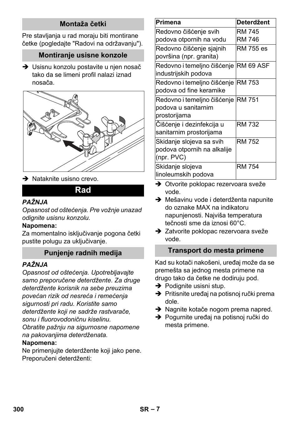 Montaža četki, Montiranje usisne konzole, Punjenje radnih medija | Transport do mesta primene | Karcher BD 40-25 C Bp Pack User Manual | Page 300 / 380