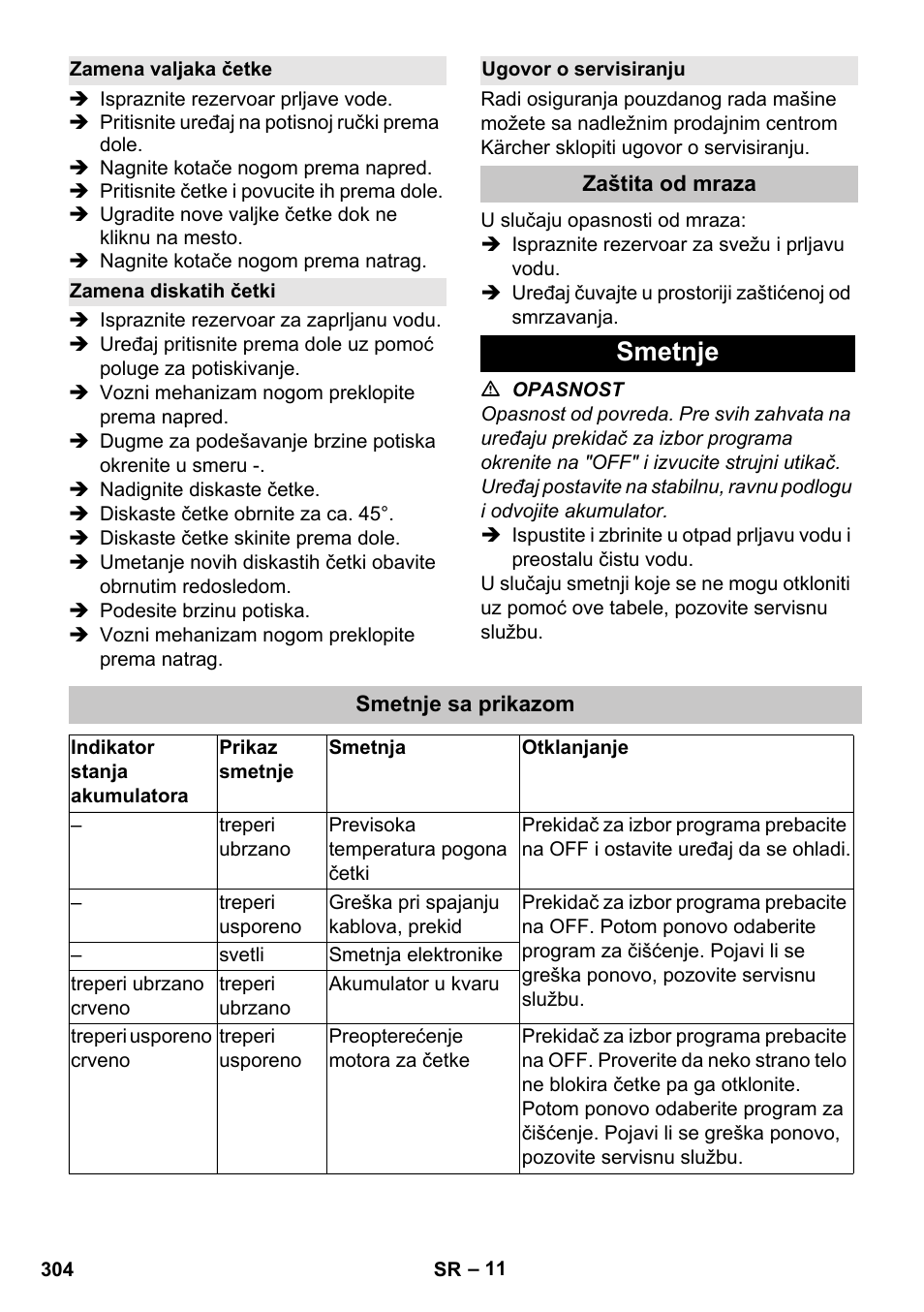 Zamena valjaka četke, Zamena diskatih četki, Ugovor o servisiranju | Zaštita od mraza, Smetnje, Smetnje sa prikazom | Karcher BD 40-25 C Bp Pack User Manual | Page 304 / 380